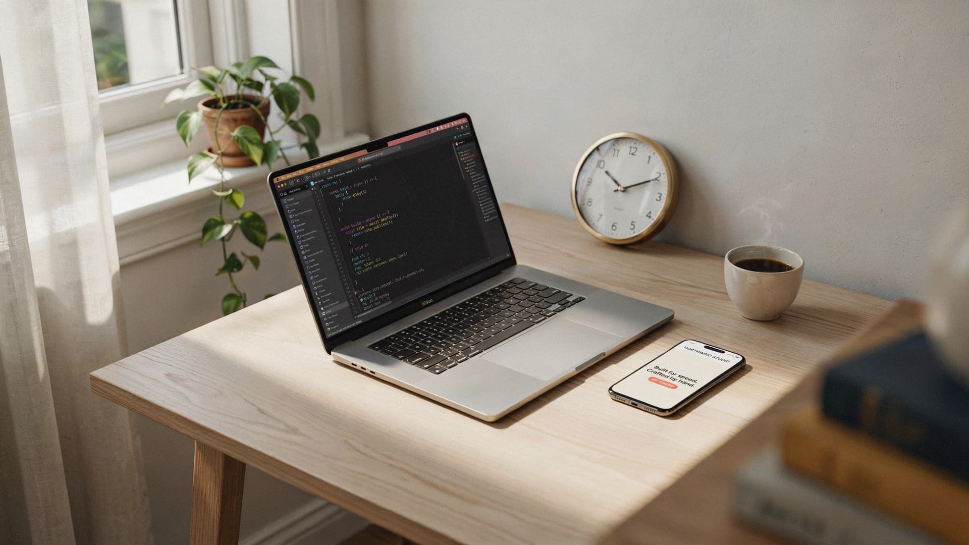 Laptop with code and clock — website built rapidly, bespoke speed