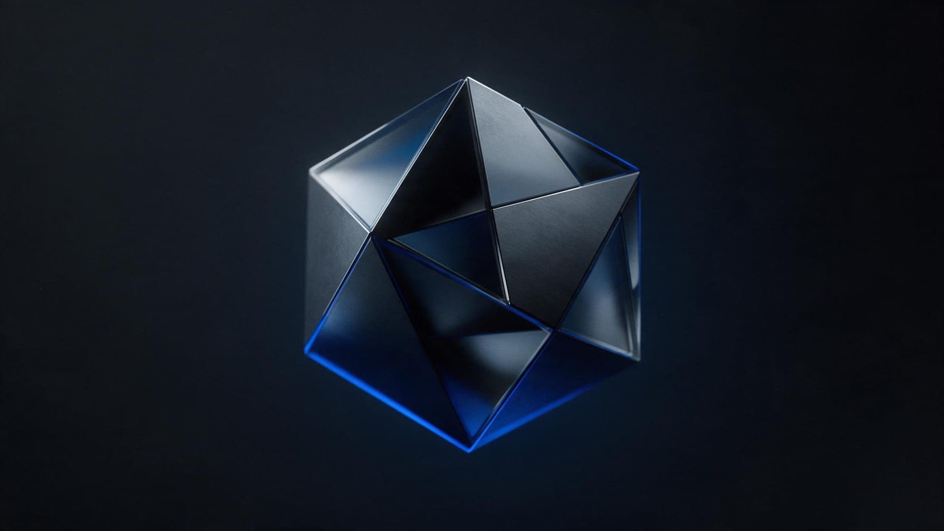 A single geometric form in a dark void, lit by a cool blue rim light