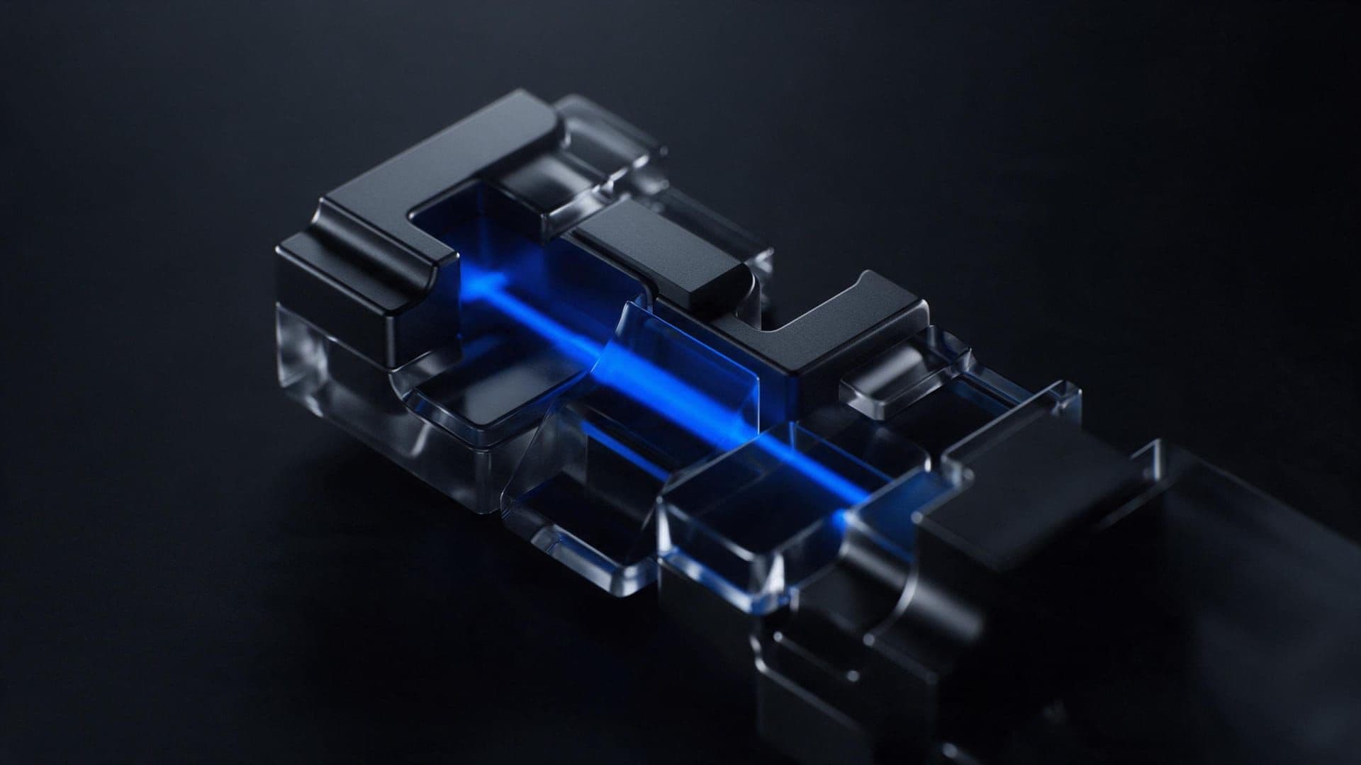 Dark interlocking components with a continuous blue thread of light through them