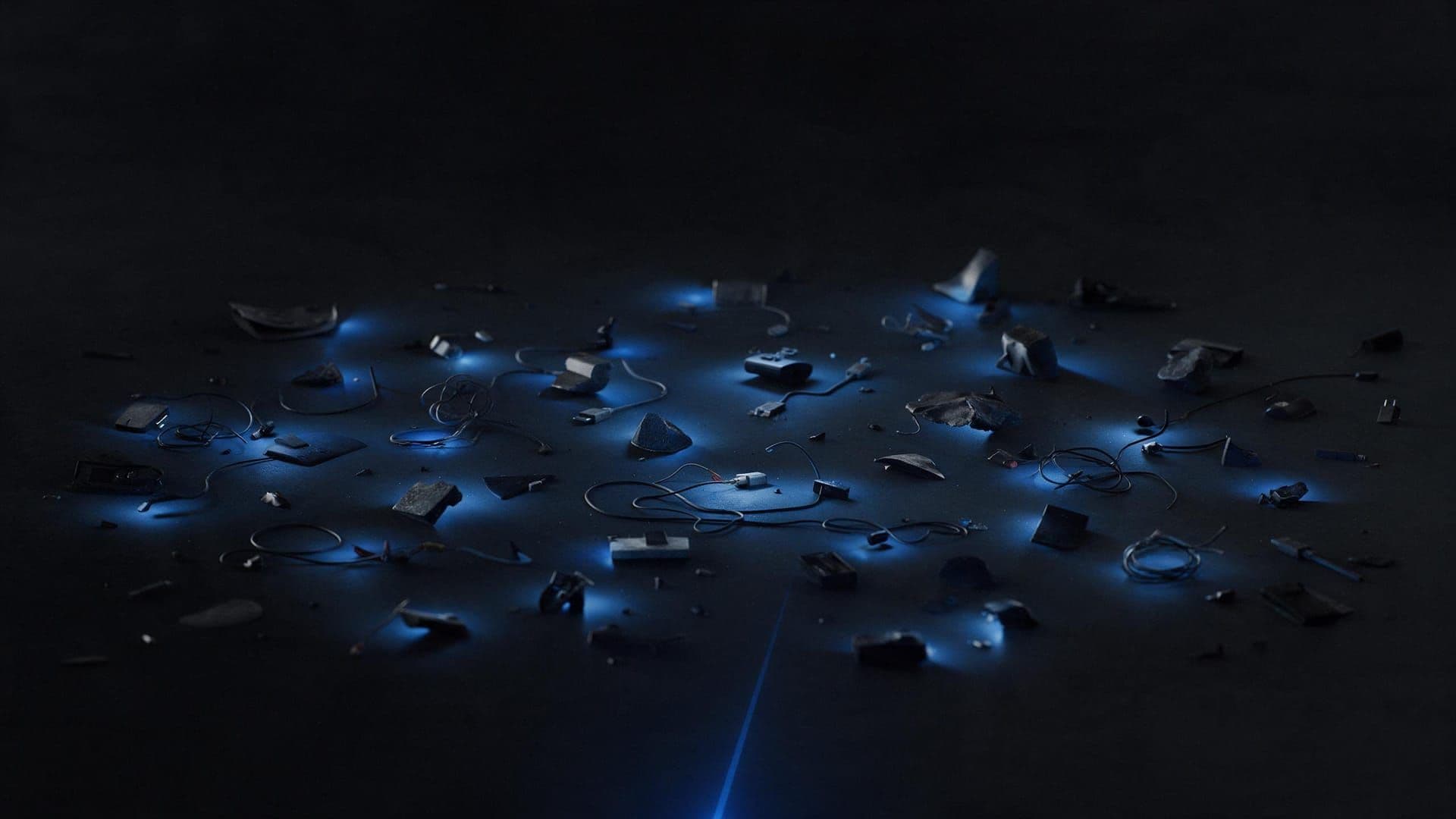 Scattered fragments in darkness, each isolated in its own pool of cold light